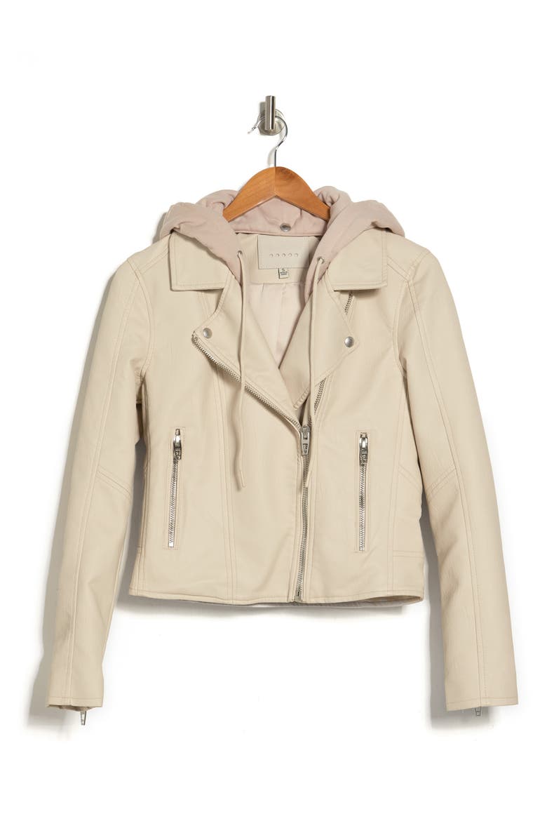 Faux Leather Hooded Crop Moto Jacket, Alternate, color, CHALK