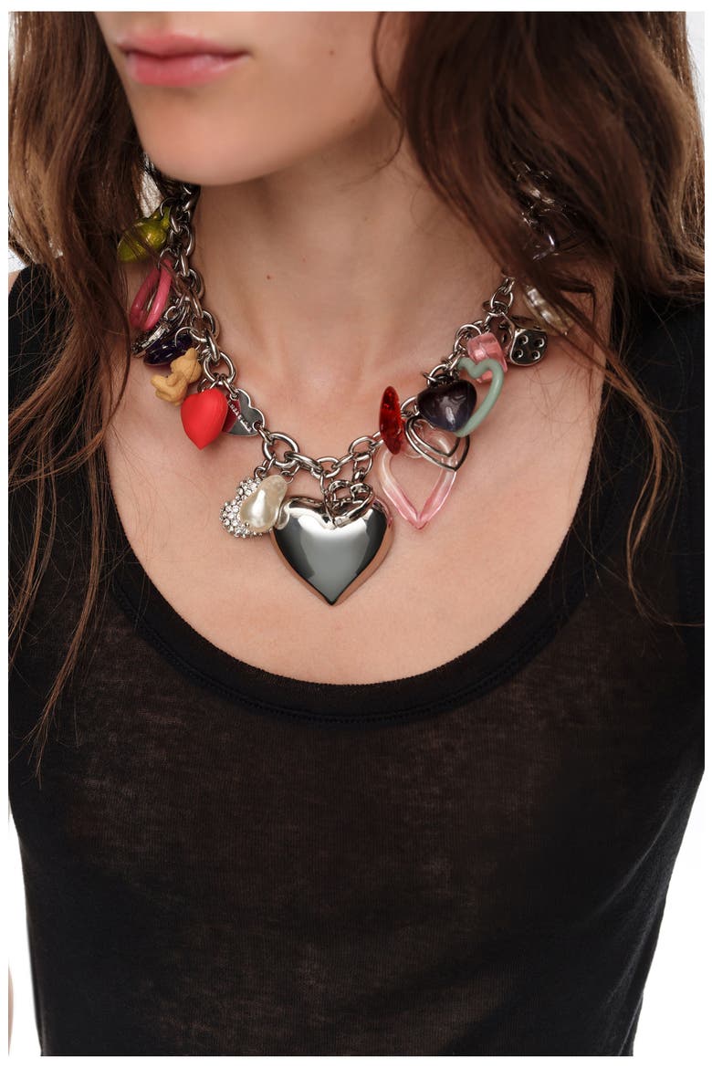 Hearts Multicharm Necklace, Alternate, color, SILVER