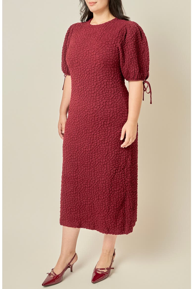 Smocked Puff Sleeve Midi Dress, Alternate, color, BURGUNDY