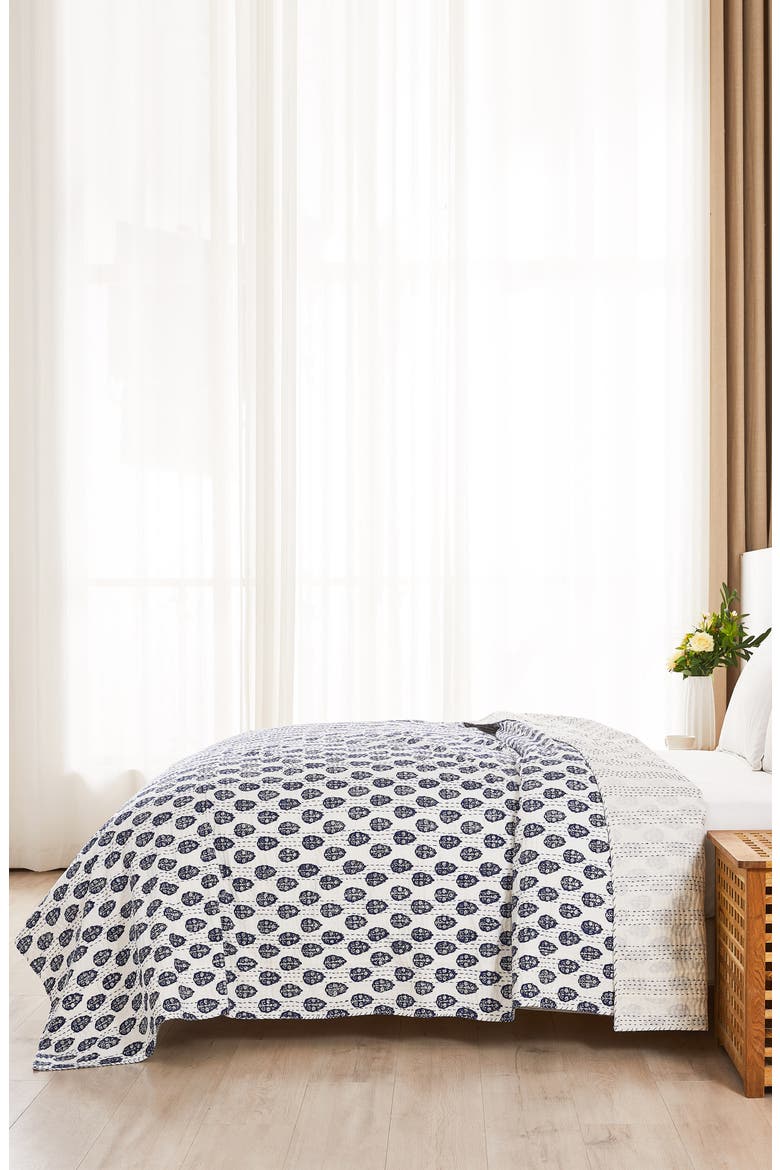 Floral Paisley Kantha Cotton Coverlet, Alternate, color, INDIGO