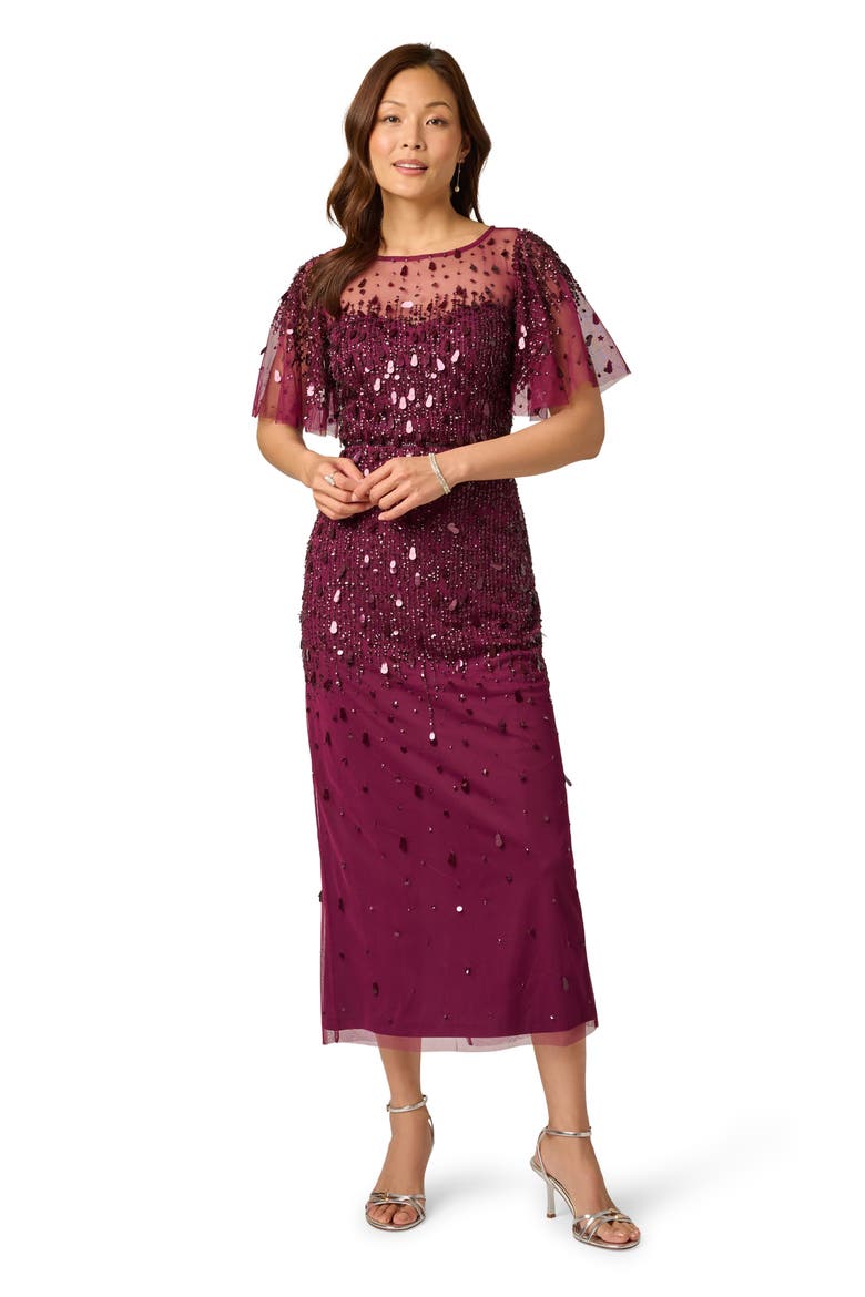 Beaded Flutter Sleeve Mesh Cocktail Dress, Alternate, color, BORDEAUX