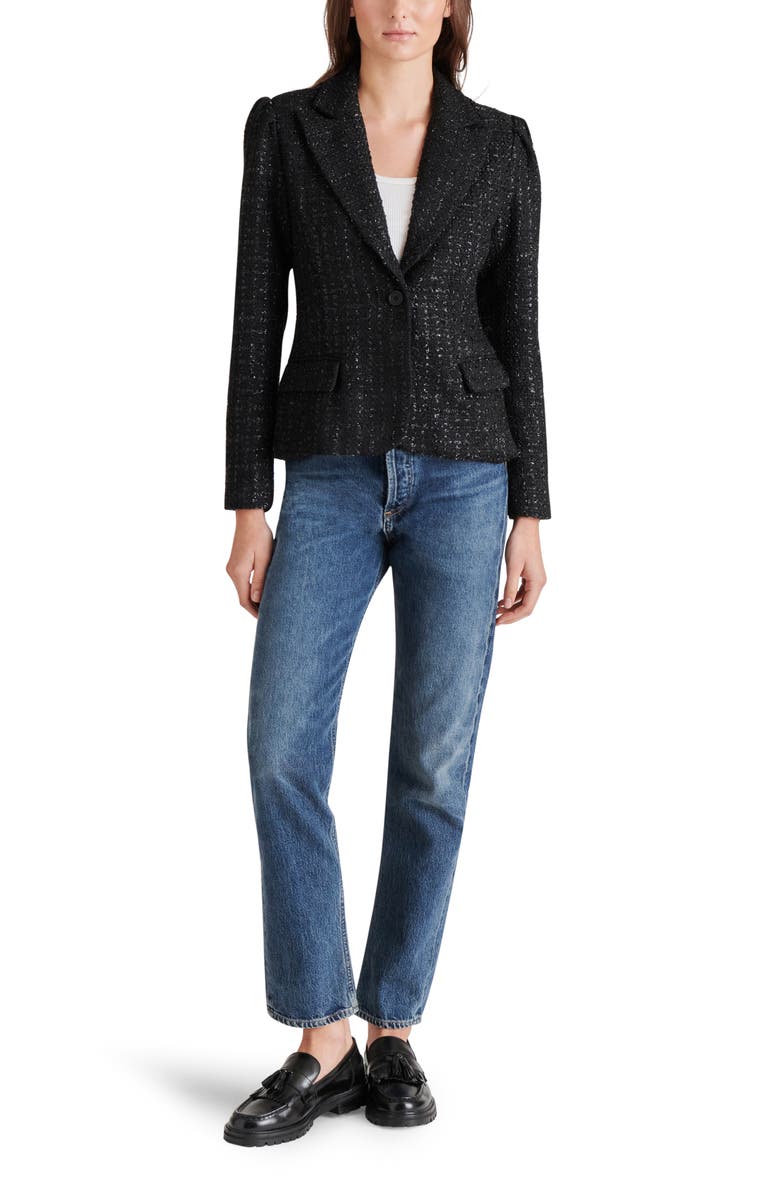 Steve Madden Cinched Tweed Blazer, Alternate, color, Black