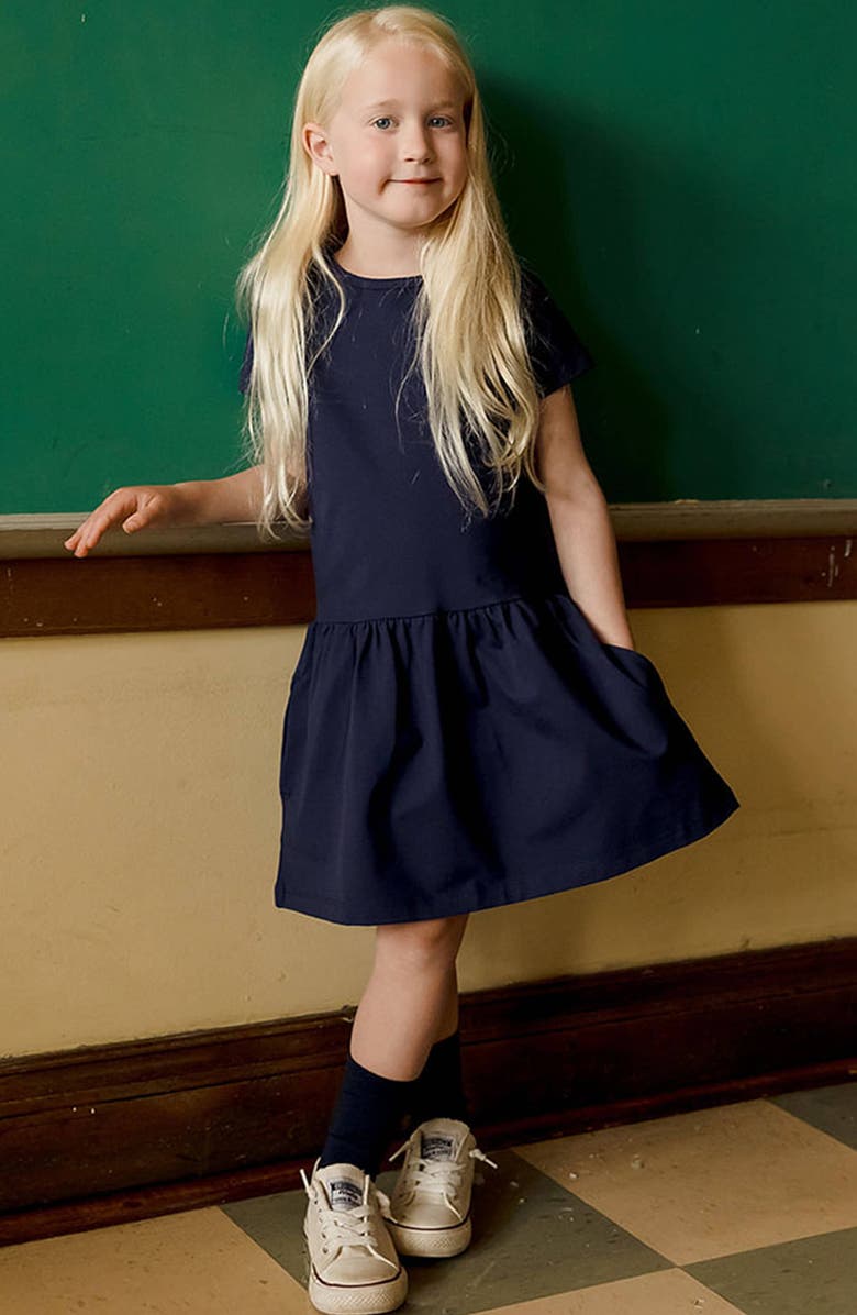 Mightly Organic Cotton Short Sleeve Drop Waist Tier Dress, Alternate, color, Navy