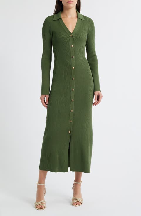 Collar Long Sleeve Rib Maxi Sweater Dress