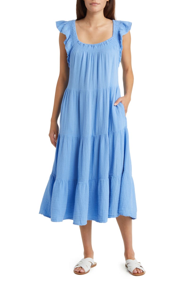 beachlunchlounge Flutter Sleeve Tiered Cotton Gauze Midi Dress, Main, color, 