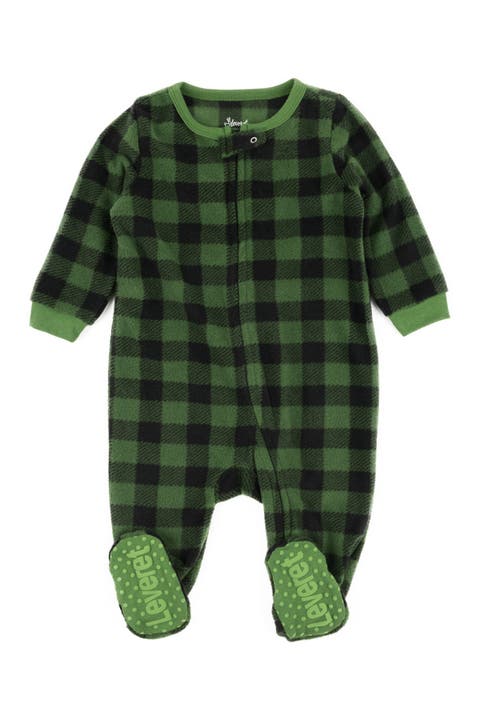 LEVERET Green and Black Plaid Footed Fleece Sleeper