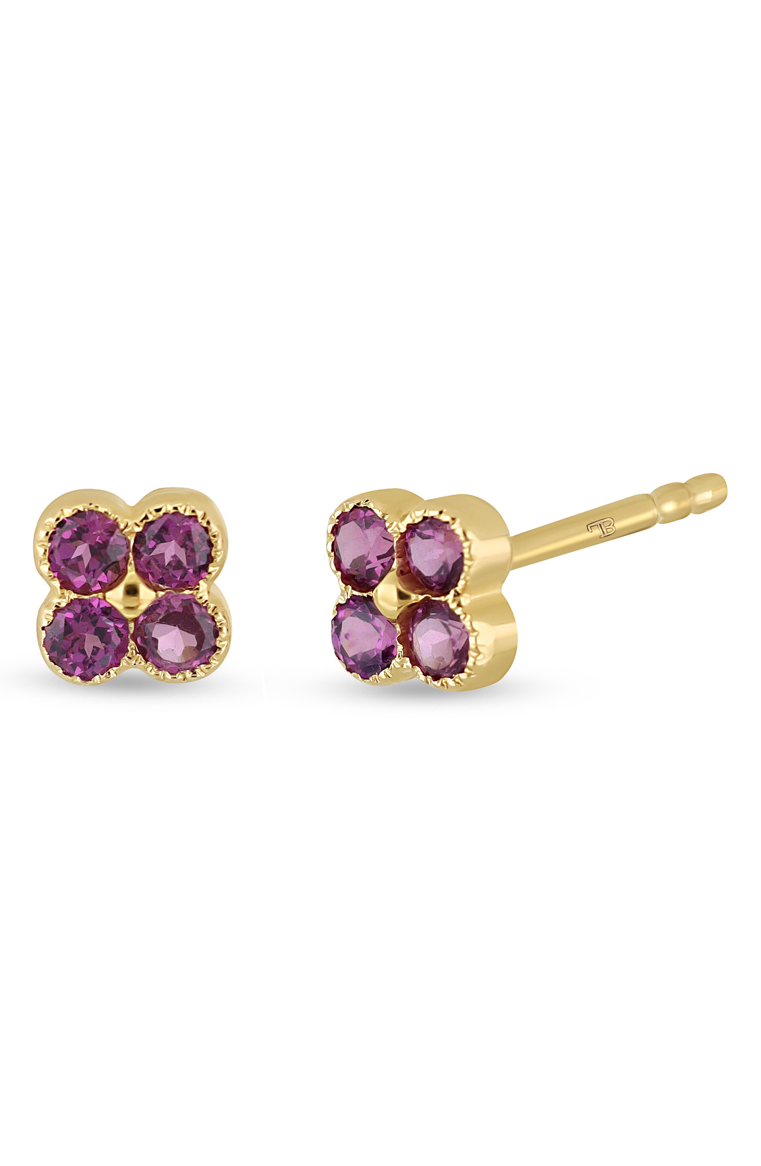 14k Gold Rhodolite Garnet Flower Stud Earrings
