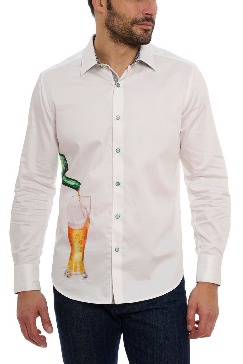 Made to Measure Beer Print Stretch Cotton Button-Up Shirt, Main, color, WHITE