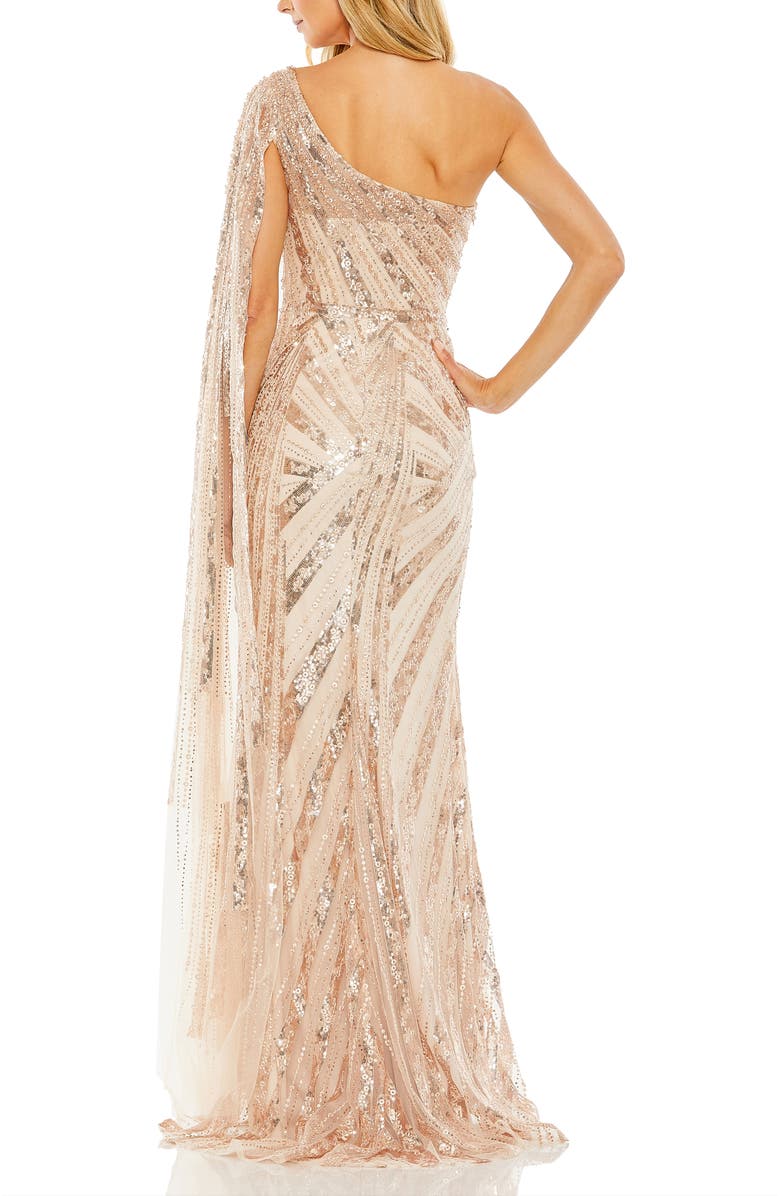 Mac Duggal One Shoulder Cape Sleeve Embellished Gown, Alternate, color, Rose Gold