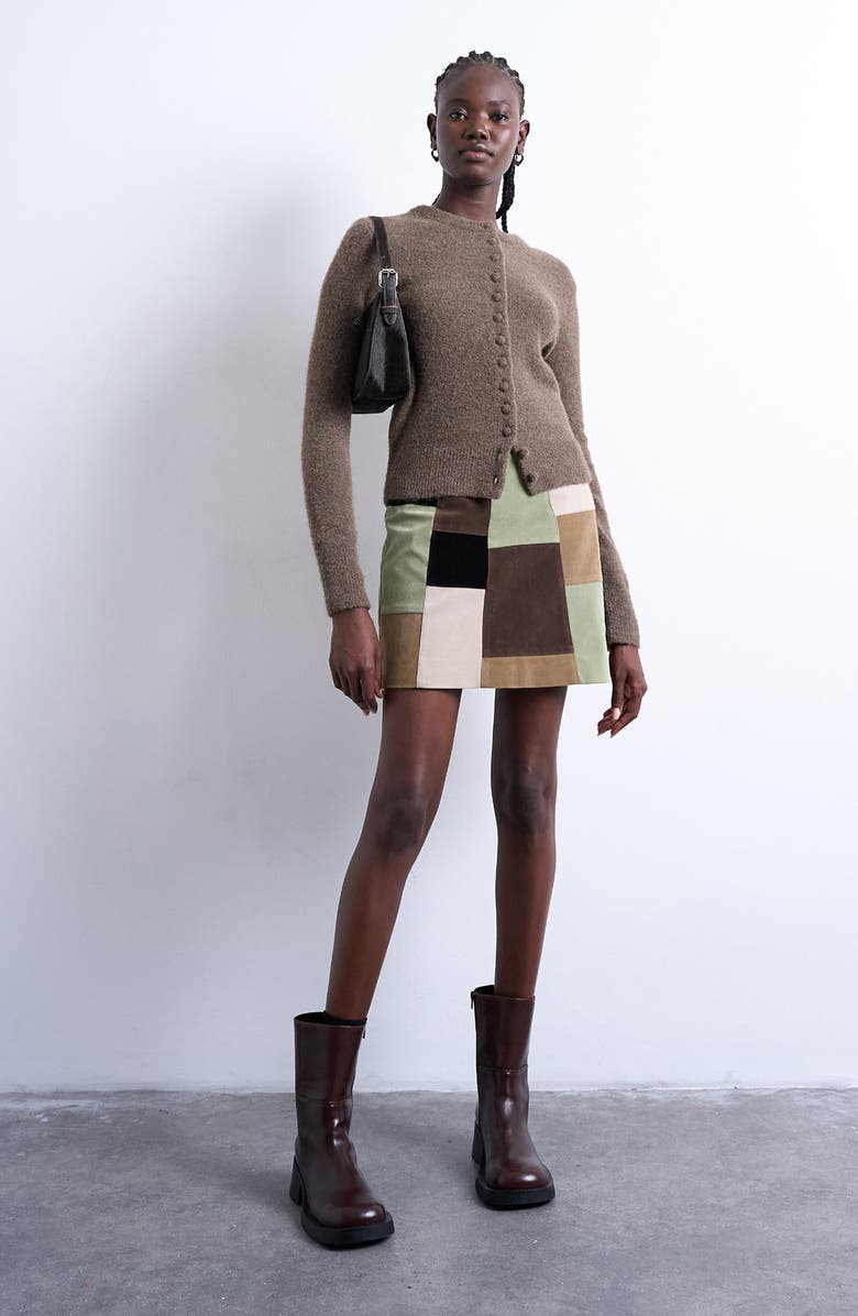 Topshop Covered Button Cardigan, Alternate, color, Brown