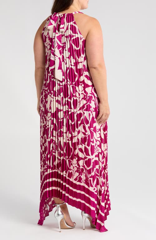 Melloday Pleated Satin Maxi Dress In Magenta/ivory Print