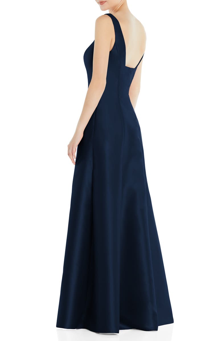 Alfred Sung Square Neck Satin A-Line Gown, Alternate, color, Midnight Navy
