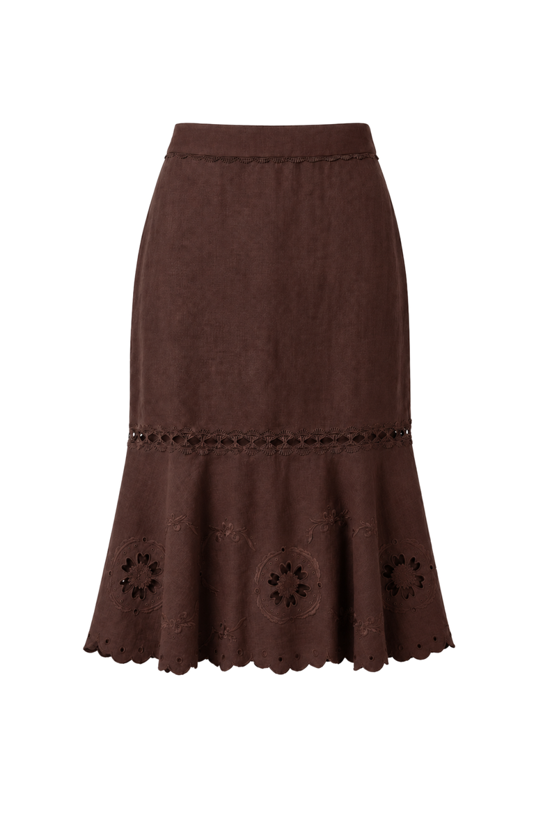 Marlo Embroidered Linen Midi Skirt, Main, color, Cacao