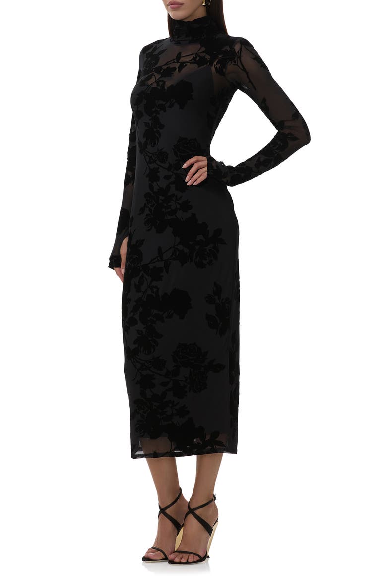 Shailene Flocked Long Sleeve Mesh Midi Dress, Alternate, color, NOIR