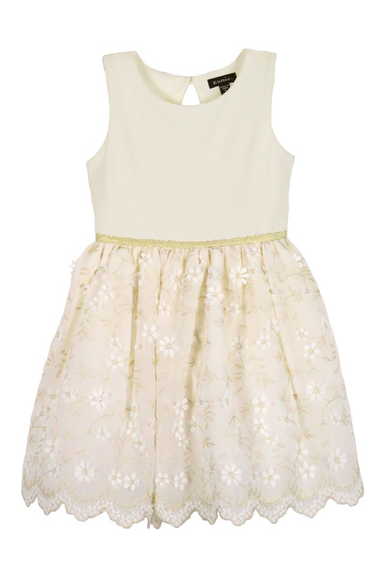 Kids' Metallic Floral Embroidered Party Dress, Main, color, IVORY/ GOLD