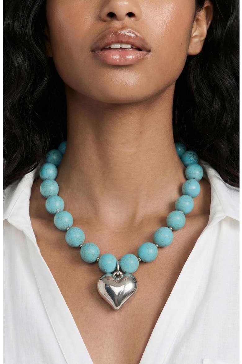 Luck & Love Stone Puffy Heart Pendant Necklace, Alternate, color, TURQUOISE AND SILVER
