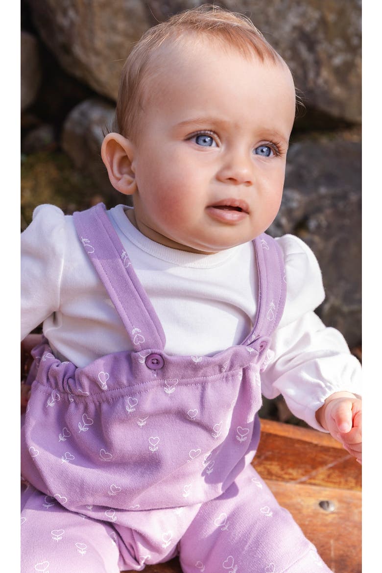 Organic Cotton Puffy Sleeve Romper and Adjustable Overall Set, Alternate, color, Purple Floral Print