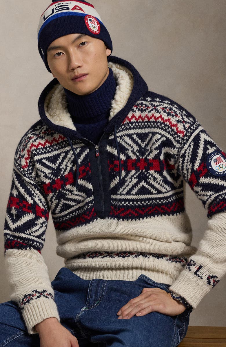 Polo Ralph Lauren Team USA Quarter Zip Hooded Sweater, Alternate, color, Cream Combo