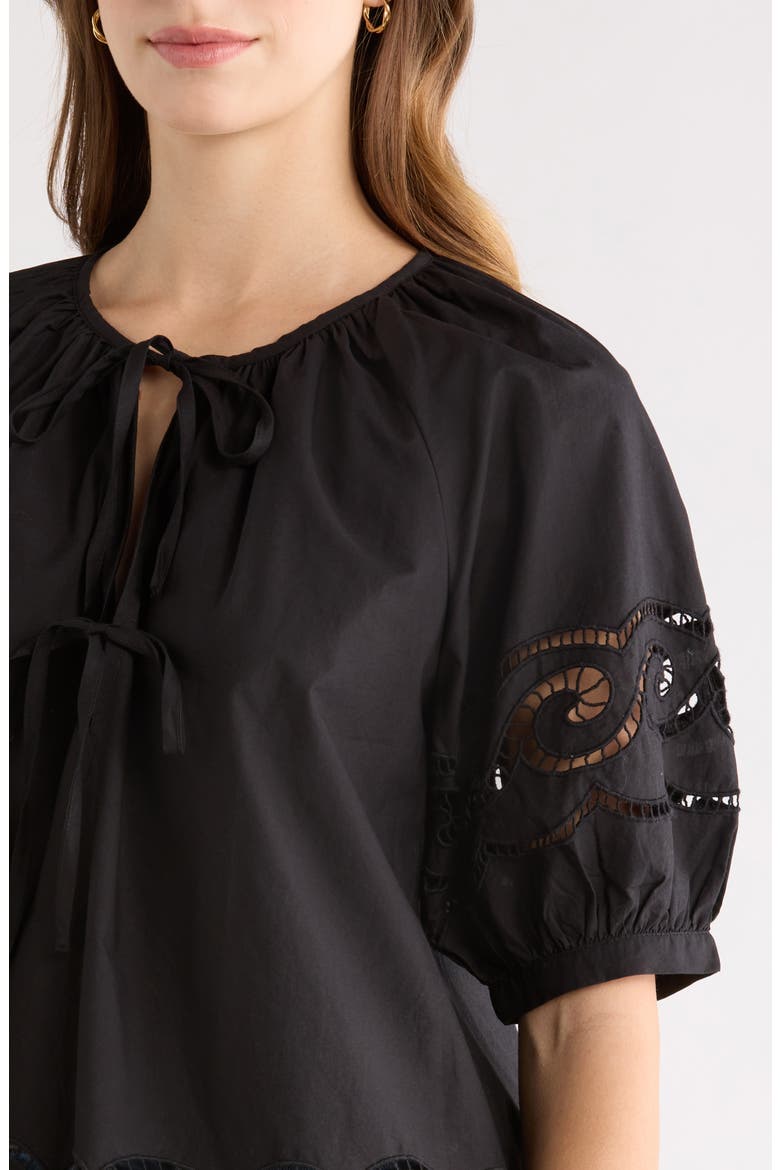Catalene Embroidered Eyelet Cotton Peasant Top, Alternate, color, BLACK EMBROIDERY