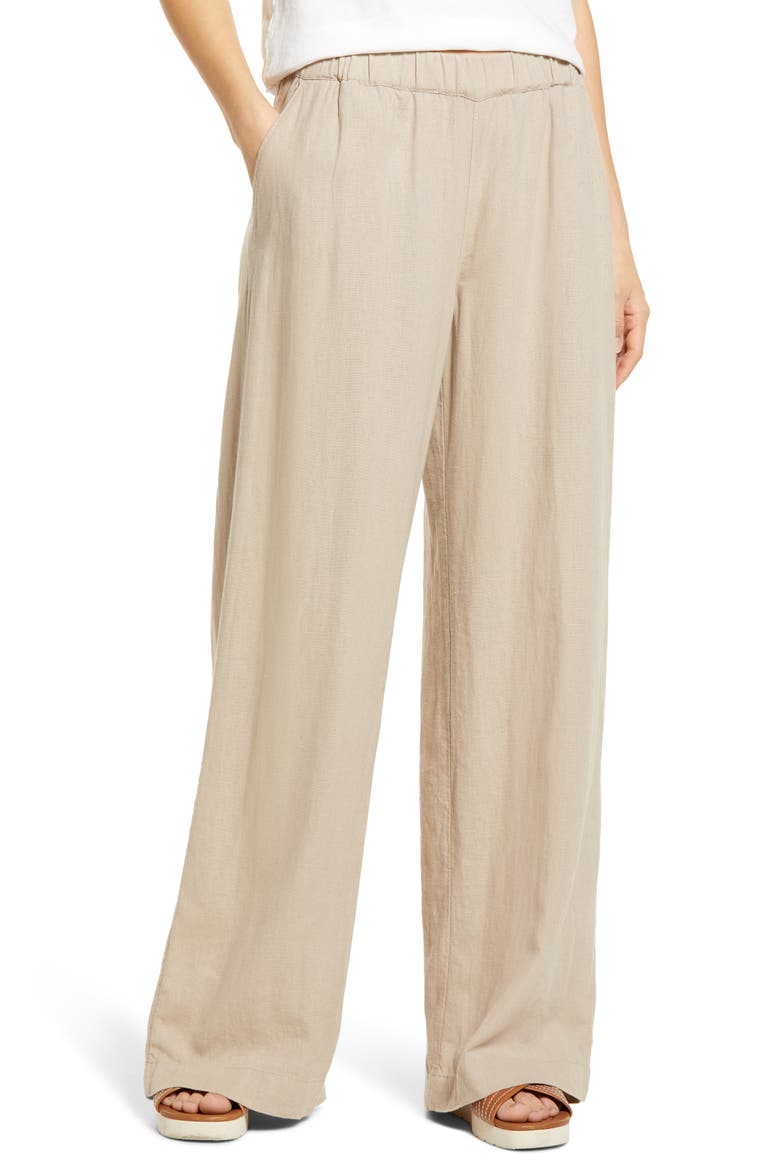 Wide Leg Pull-On Linen Blend Pants, Main, color, TAN COBBLESTONE