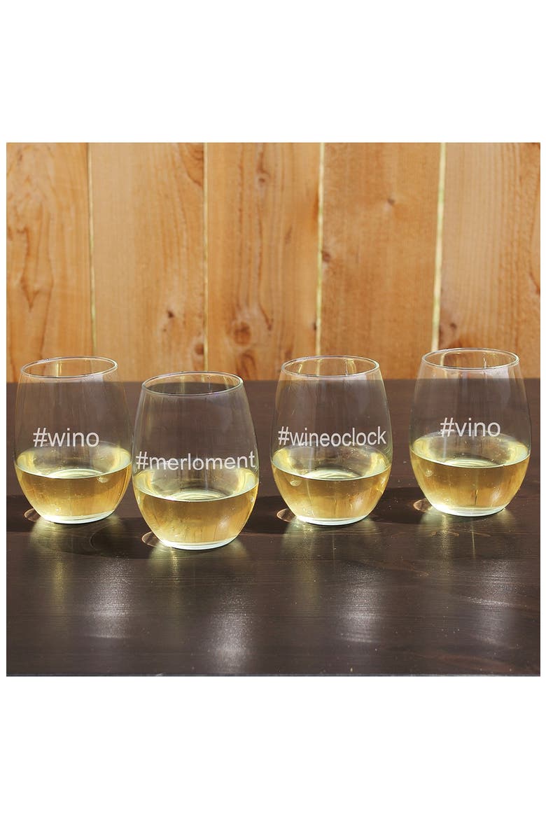 '#wino #merloment #wineoclock #vino' Etched Stemless Wine Glasses, Main, color, CLEAR