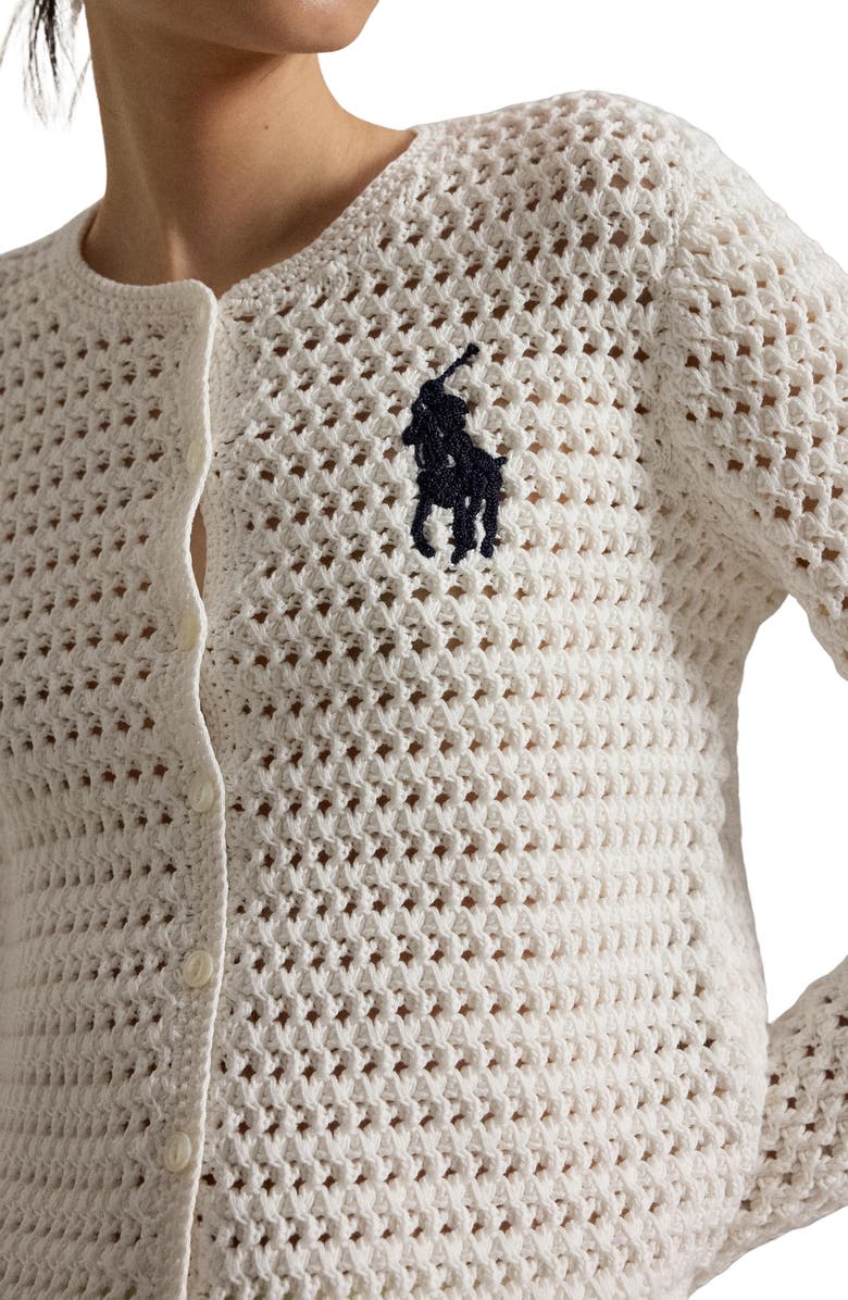 Polo Ralph Lauren Big Pony Button-Up Cotton Crochet Crop Cardigan, Alternate, color, White