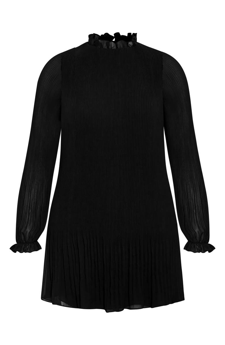 City Chic Solana Ruffle Long Sleeve Plissé Minidress, Main, color, Black