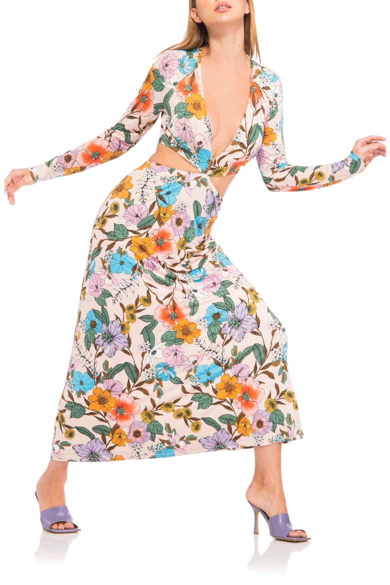 Assi Floral Cutout Detail Long Sleeve Knit Dress, Alternate, color, PEACH VINTAGE FLORAL