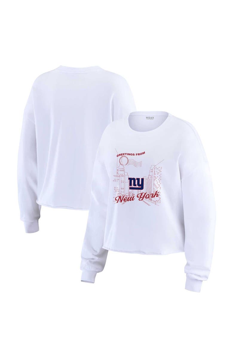 WEAR by Erin Andrews Women's WEAR by Erin Andrews White New York Giants Postcard Cropped Long Sleeve Top, Main, color, 