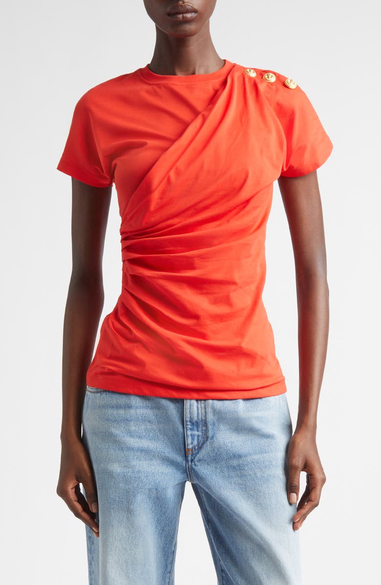Balmain Button Detail Draped Jersey T-Shirt, Main, color, Red