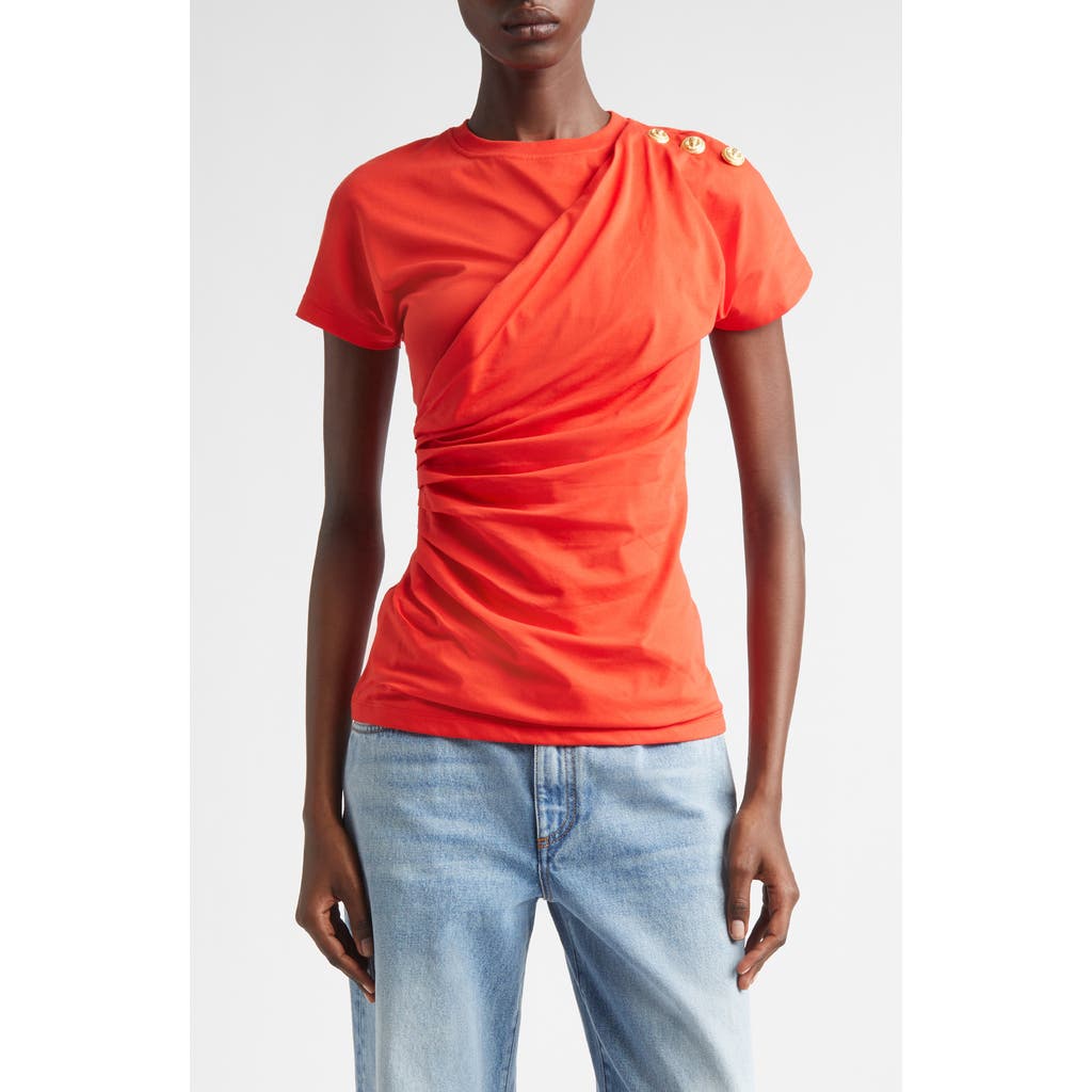 Balmain Button Detail Draped Jersey T-shirt In Red