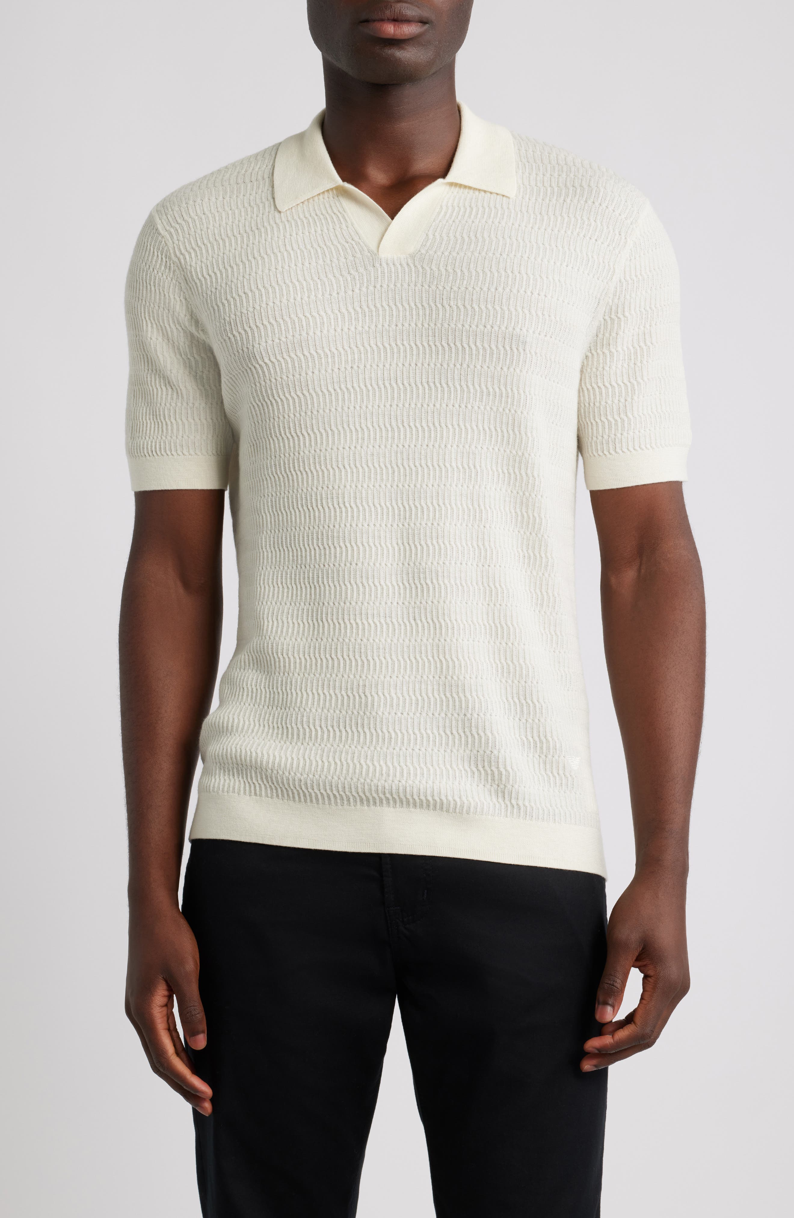 Emporio Armani Johnny Collar Short Sleeve Twisted Rib Wool Polo Sweater