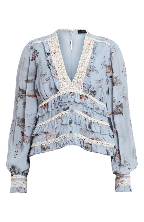 Allsaints Zora Floral Ruffled Top In Blue