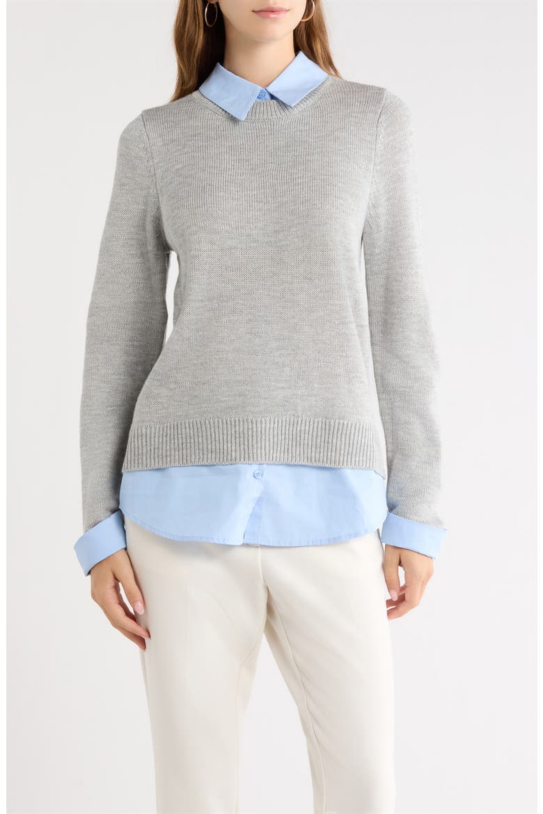 Azira Mixed Media Layered Sweater, Main, color, LIGHT GREY MULTI