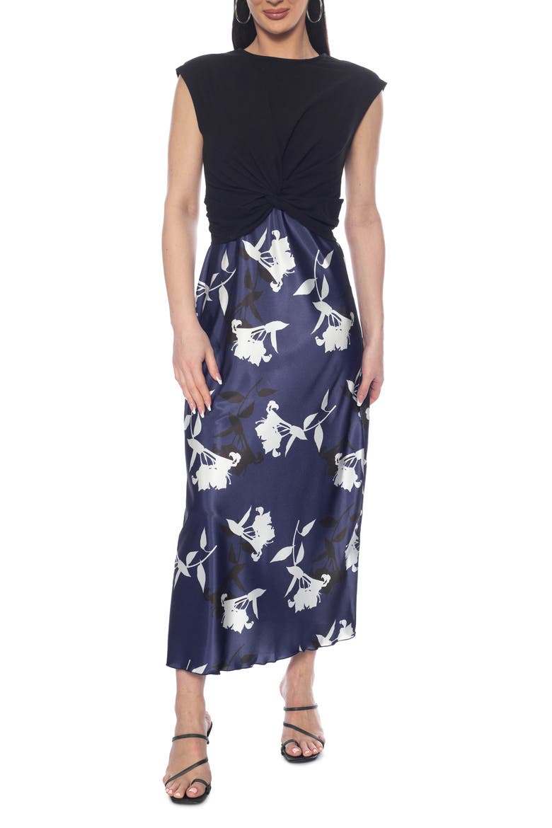 Twist Knit & Satin Midi Dress, Main, color, NAVY/WHITE
