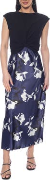 TASH AND SOPHIE Twist Knit & Satin Midi Dress