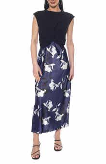 TASH AND SOPHIE Twist Knit & Satin Midi Dress