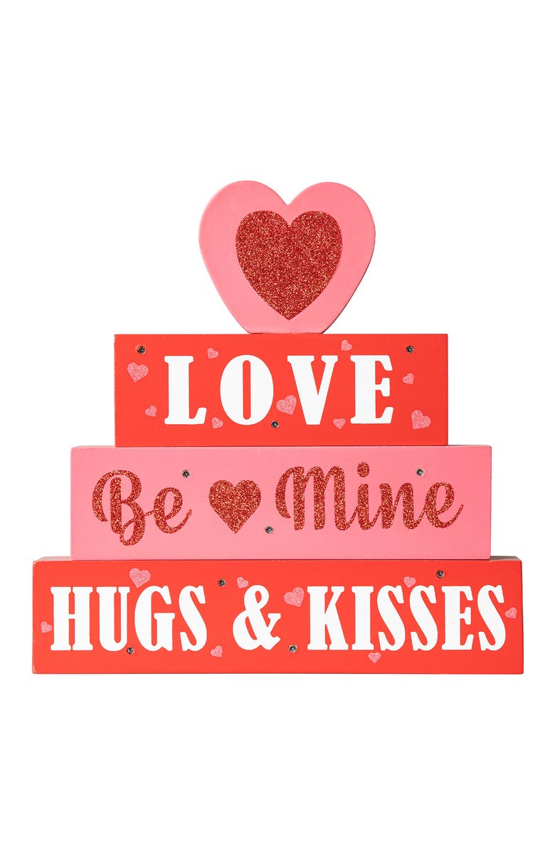 Glitzhome 11.25"H Lighted Valentine's Wooden Block Table Sign, Alternate, color, Red