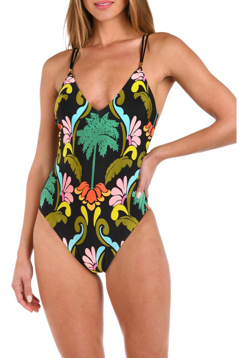 Mirage Plunge One-Piece Swimsuit, Main, color, BLACK MULTI