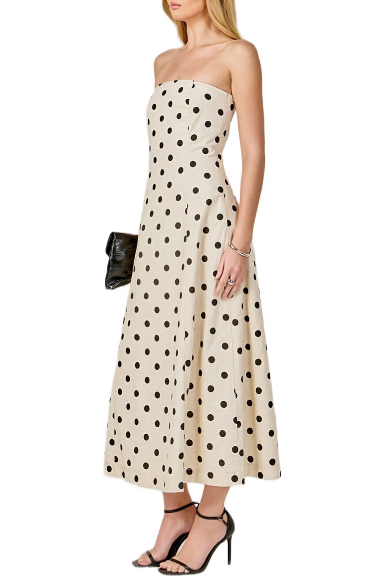 Polka Dot Strapless Linen & Cotton Dress, Alternate, color, SAND/ BLACK