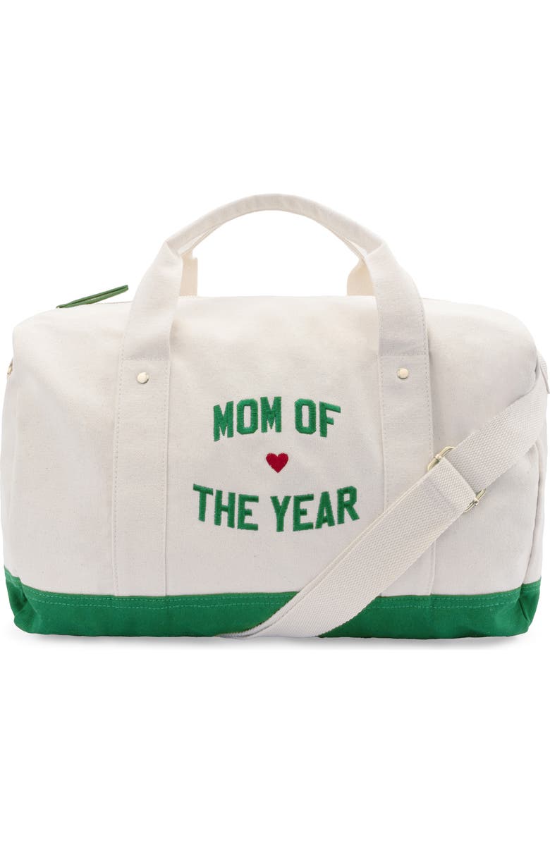Favorite Daughter Mom of the Year Embroidered Canvas Duffle Bag, Main, color, Natural Green