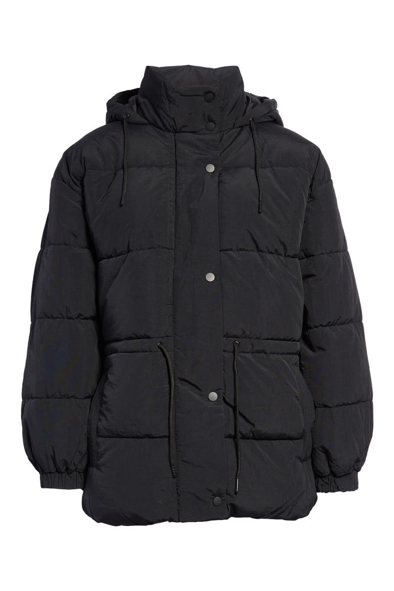 Tie Waist Puffer Coat, Main, color, BLACK