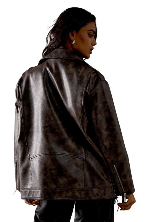 Warehouse Oversized Whipstitch Leather Look Jacket In Brown