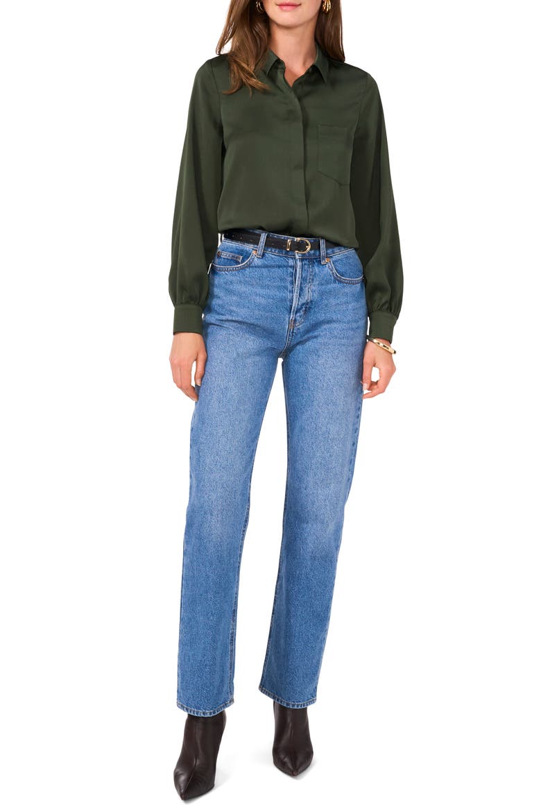 Long Sleeve Satin Button-Up Shirt, Alternate, color, MILITARY GREEN