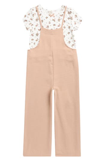 Ava & Yelly Kids' Short Sleeve Tee & Wide Leg Romper Set In Nude