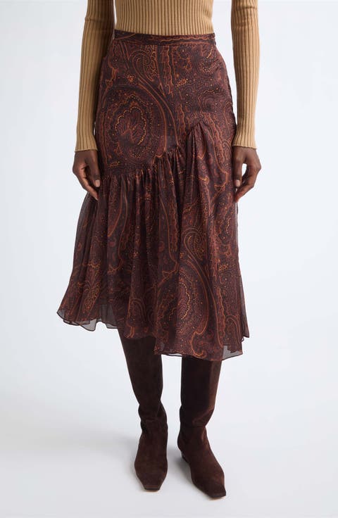 Paisley Print Asymmetric Silk Skirt