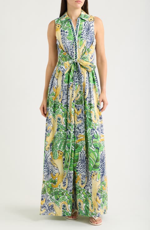 Marria Mixed Print Sleeveless Stretch Cotton Shirtdress