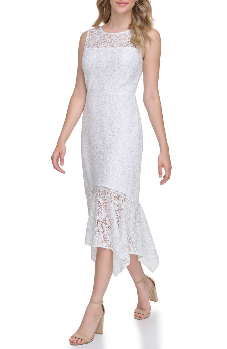 Kensie Floral Lace Asymmetric Dress, Alternate, color, Ivory Silver