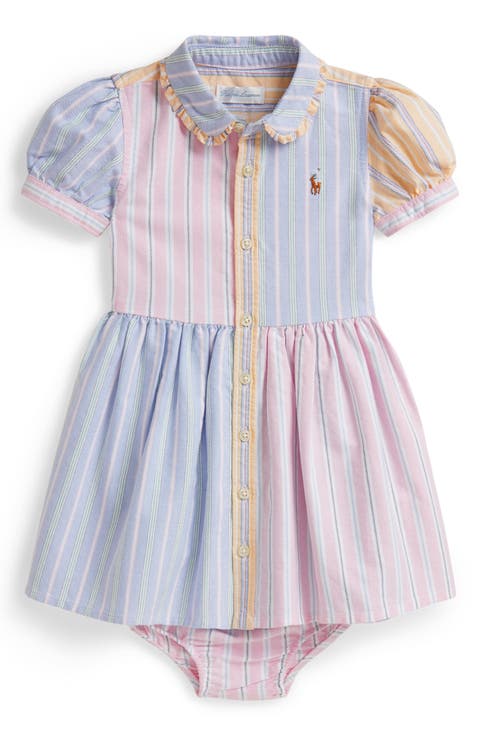 Oxford Stripe Cotton Piqué Shirtdress & Bloomers (Baby)