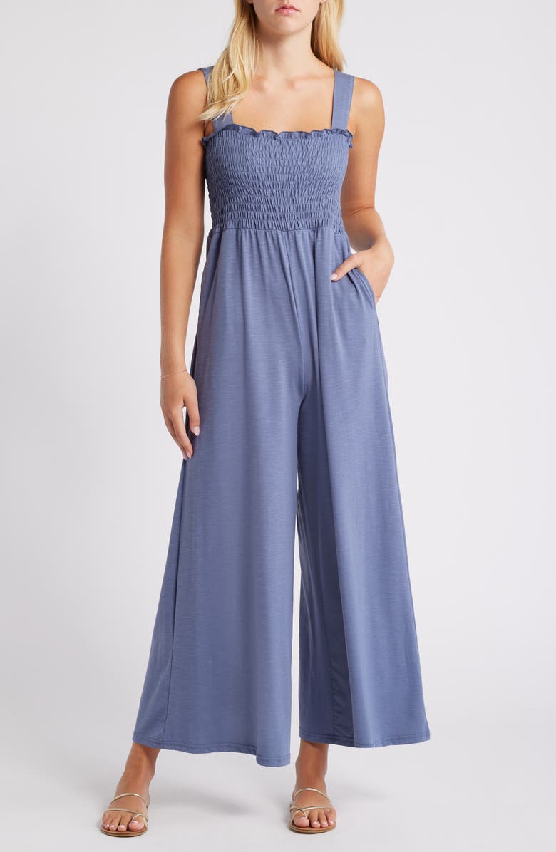 Roxy Just Passing By Smocked Wide Leg Jumpsuit, Main, color, Wild Wind